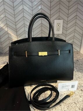 Demellier Midi Hudson Black Leather Structured Satchel with Gold Hardware